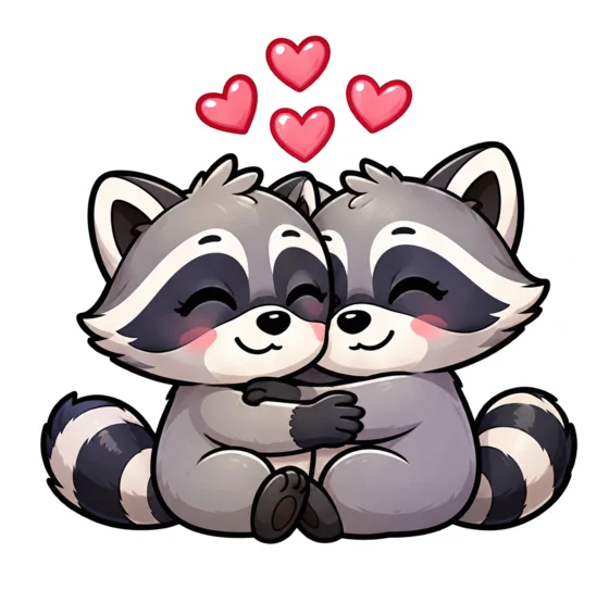 Two raccoons hugging beneath a cluster of pink hearts