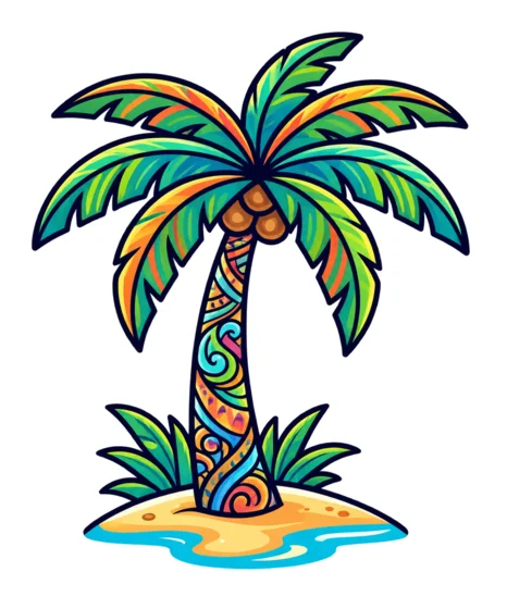 A brightly patterned palm tree on a small sandy island