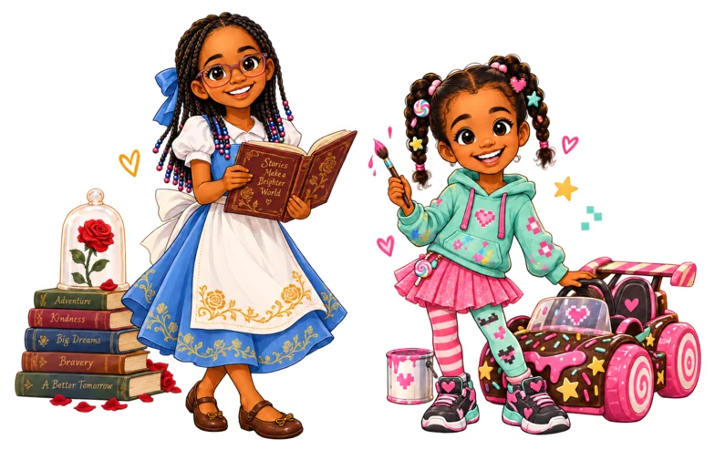 Two custom stickers of the sisters: one reading a book beside a stack of books, the other holding a paintbrush next to a decorated race car