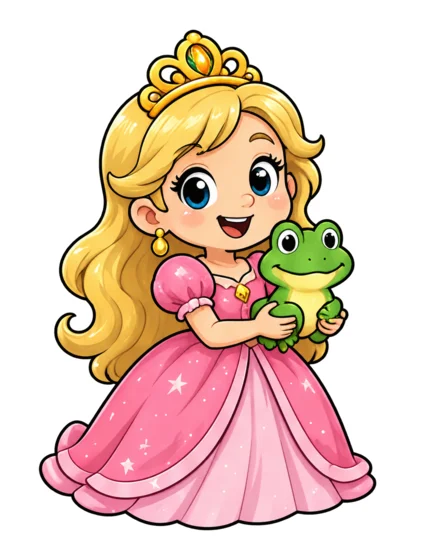 A princess in a pink gown holding a smiling frog