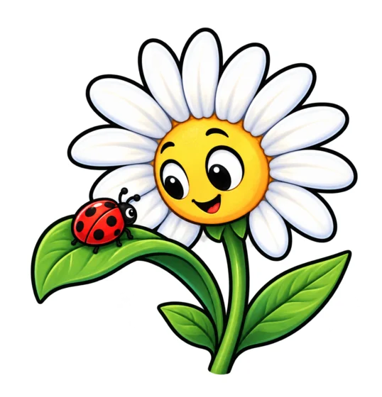 A smiling daisy with a ladybug resting on its leaf