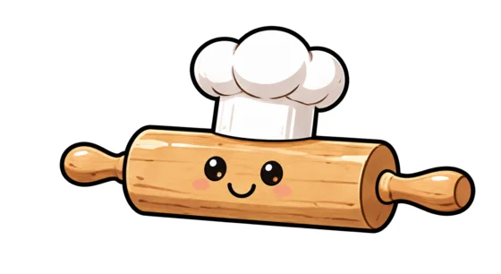 A smiling rolling pin wearing a chef&rsquo;s hat