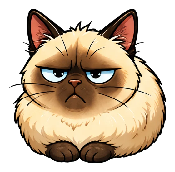 A fluffy Siamese cat giving a very grumpy scowl