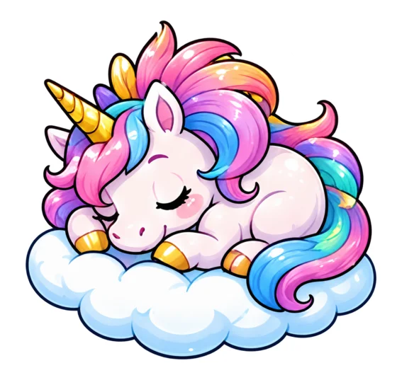 A sleeping unicorn with a rainbow mane, curled up on a cloud