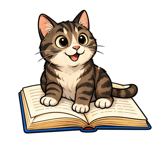 A tabby cat grinning as it sits on an open book