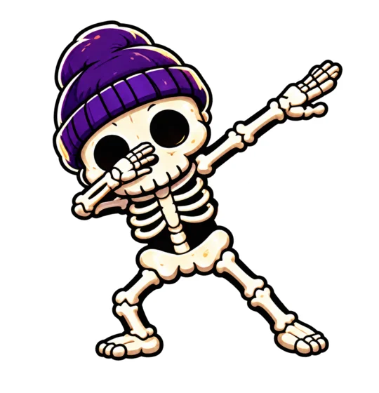 A cartoon skeleton in a purple beanie striking a dab pose