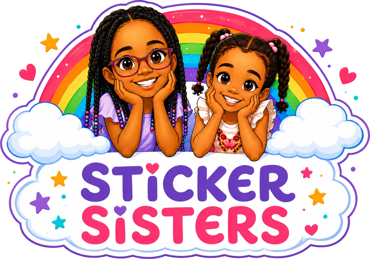 Sticker Sisters logo: the two sisters smiling in front of a rainbow and clouds